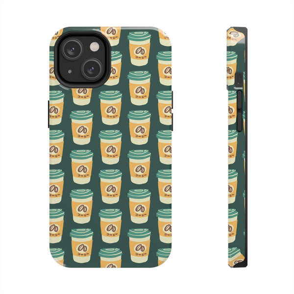 East Meets Roast phone case featuring a pattern of to-go coffee cups, blending style and coffee culture.