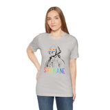 Woman wearing George's Rainbow Vision Spokane tee with rainbow glasses on George Washington and 