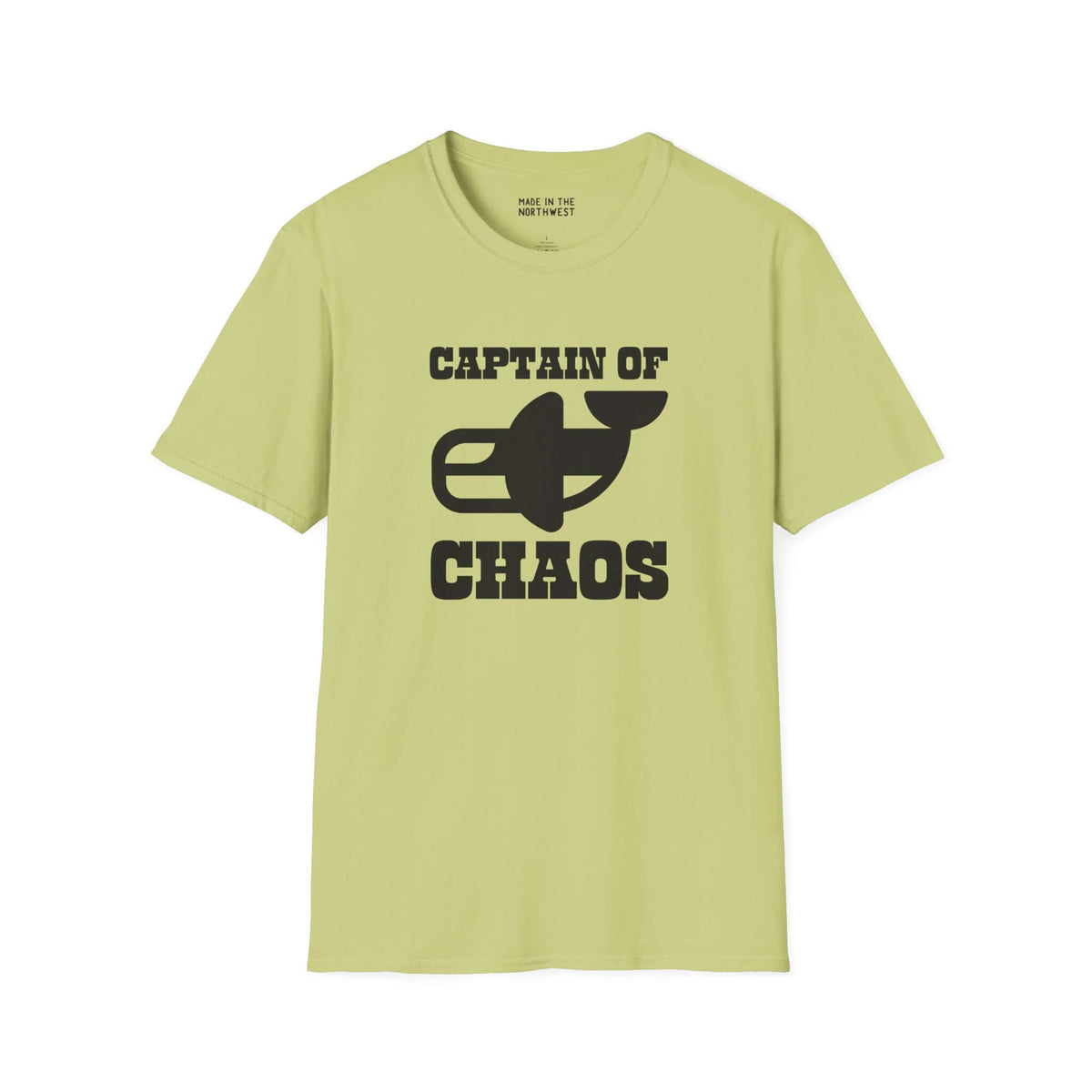 Captain of Chaos Orca Softstyle T-Shirt in lime green featuring bold black lettering and playful orca graphic.