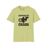 Captain of Chaos Orca Softstyle T-Shirt in lime green featuring bold black lettering and playful orca graphic.