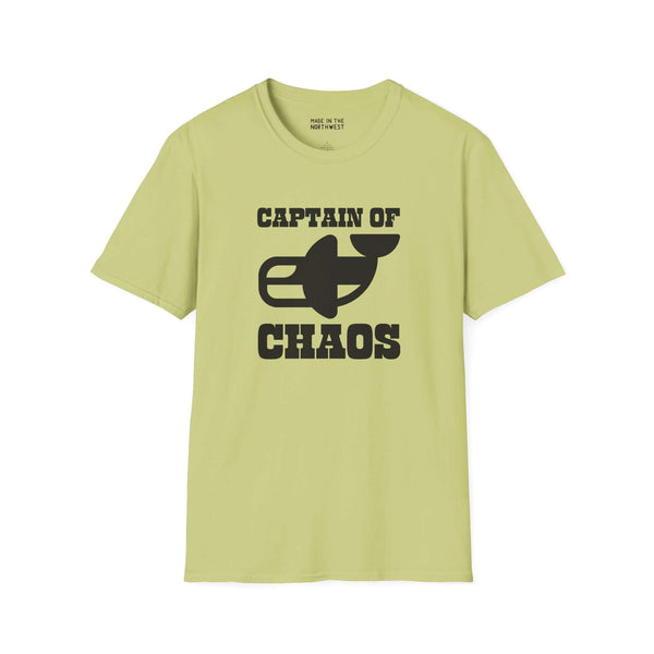 Captain of Chaos Orca Softstyle T-Shirt in lime green featuring bold black lettering and playful orca graphic.