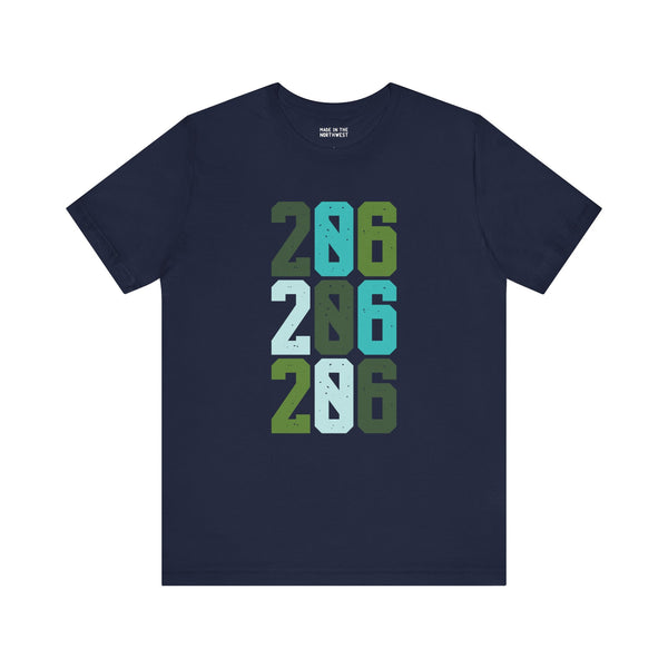 Navy Two-Oh-Six Pop Premium Soft Tee featuring bold green and blue 206 design, perfect for Seattle locals.