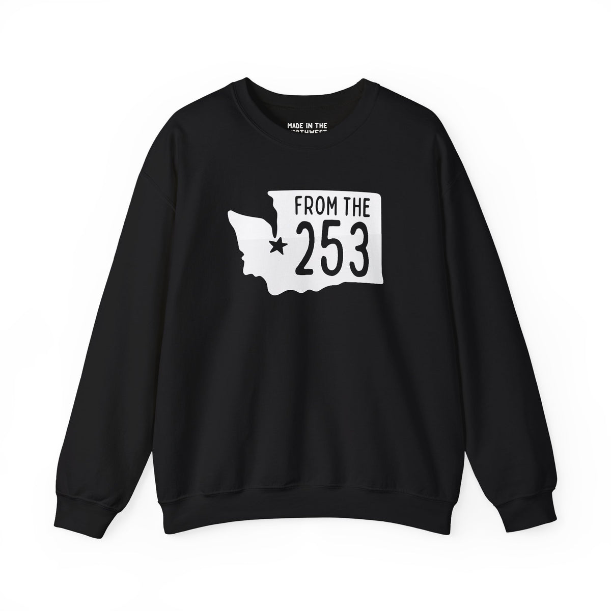 Black sweatshirt featuring Washington state silhouette and 'From the 253' text, showcasing Tacoma pride.