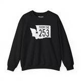 Black sweatshirt featuring Washington state silhouette and 'From the 253' text, showcasing Tacoma pride.
