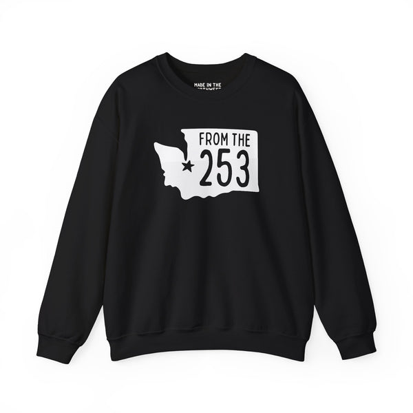 Black sweatshirt featuring Washington state silhouette and 'From the 253' text, showcasing Tacoma pride.