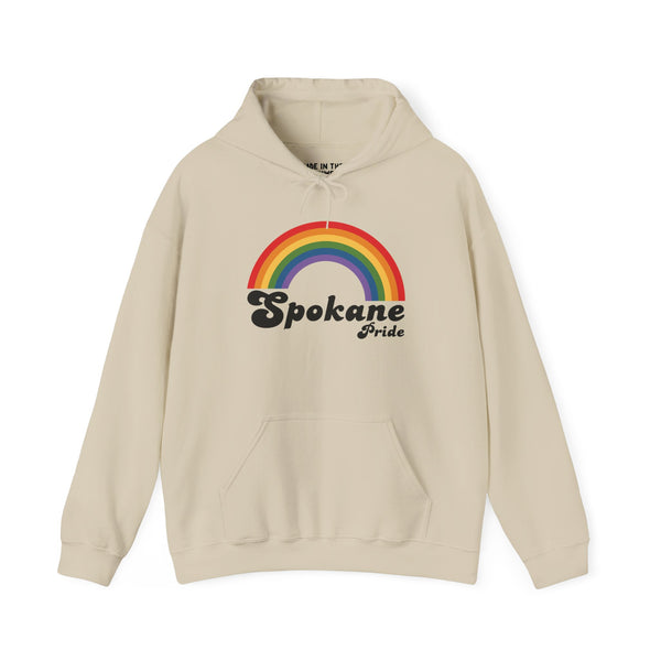 Beige Spokane Pride hoodie with retro rainbow design celebrating love and inclusivity for the LGBTQ+ community.