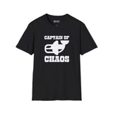 Black Captain of Chaos Orca Softstyle T-Shirt featuring bold white lettering and orca graphic design.