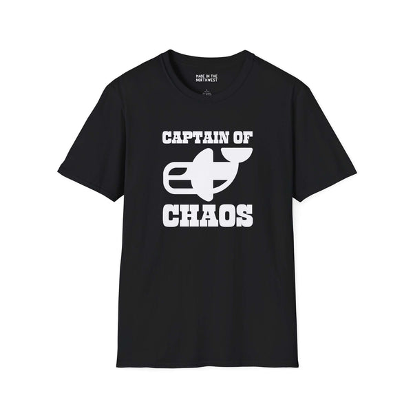 Black Captain of Chaos Orca Softstyle T-Shirt featuring bold white lettering and orca graphic design.