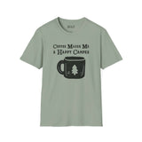 Happy Camper Coffee T-Shirt in sage green with graphic of a coffee mug and tree design.