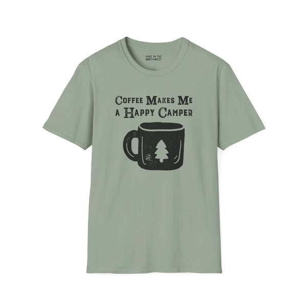 Happy Camper Coffee T-Shirt in sage green with graphic of a coffee mug and tree design.
