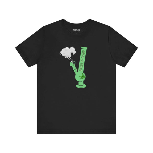 Black premium tee featuring a bold green bong graphic with smoke and marijuana leaf for cannabis lovers.