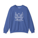 Blue sweatshirt with 'I Love Morning Wood' design featuring a lumberjack sitting on a log with trees.