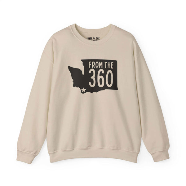 Beige sweatshirt with "From the 360" text, featuring Washington state silhouette and star marking Vancouver. Perfect for showing local pride.