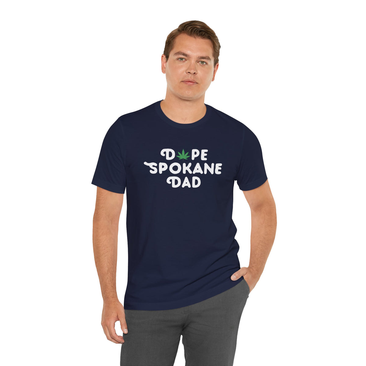 Model wearing Dope Spokane Dad Premium Soft Tee with marijuana leaf design, perfect for cool dads in Washington.