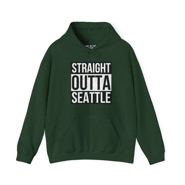 Dark green "Straight Outta Seattle" hoodie with bold white text, inspired by iconic streetwear design, representing Seattle pride.