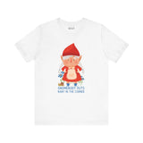 Premium white tee featuring a whimsical female gnome with the text 'Gnomebody Puts Baby in the Corner'