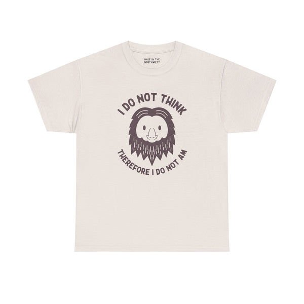 I Do Not Think Sasquatch Athletic Tee featuring a playful Bigfoot graphic and witty philosophical quote.