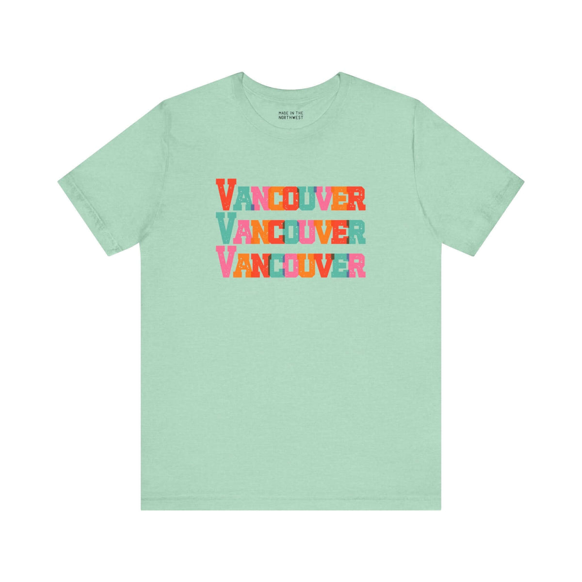 Mint green Vancouver trio design soft tee with bold, colorful block letters. Perfect for expressing love for the city.