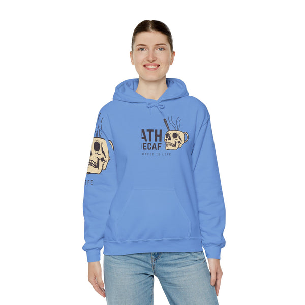 Death Before Decaf skull mug cozy hoodie on a model, perfect for coffee lovers.