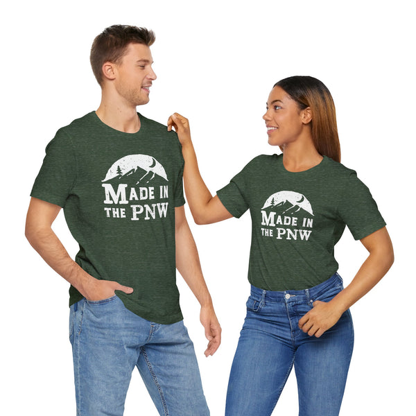 Made in the PNW T Shirt – Distressed Mountain Graphic Tee on two models, showcasing the mountain design.