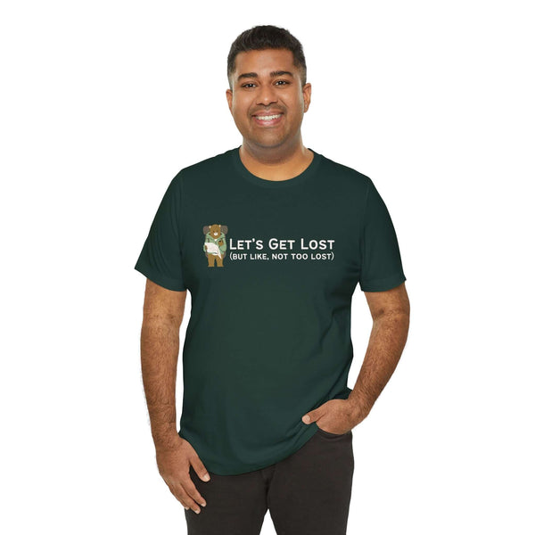 Man wearing a Let's Get Lost Premium Soft Tee, perfect for adventurers who enjoy exploring with guidance.