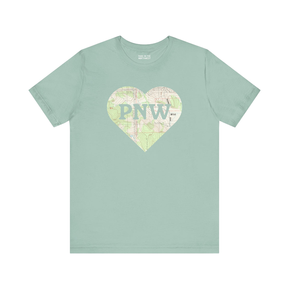 Mint green premium soft tee with a topo map heart and 'PNW' design, perfect for Pacific Northwest lovers.