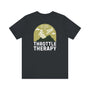 Throttle Therapy premium tee featuring motocross graphic and mountain backdrop, perfect for bike enthusiasts.