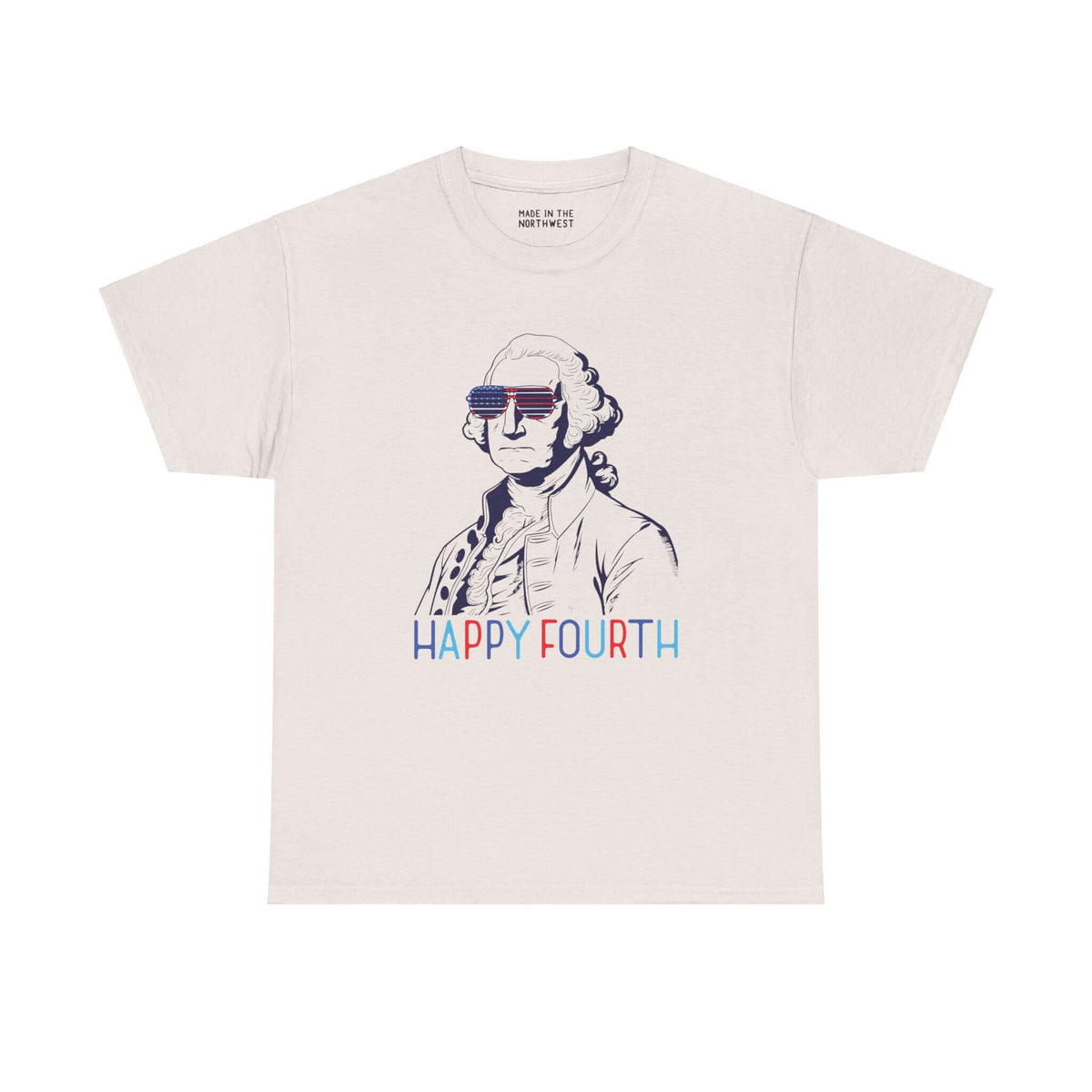 George Washington Fourth of July tee with USA sunglasses, "Happy Fourth" text, perfect for patriotic celebrations in Washington state.