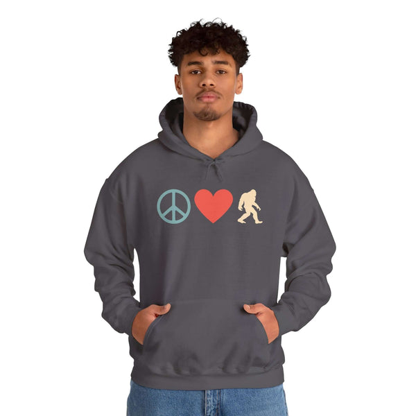 Peace, Love, and Bigfoot Cozy Hoodie showcasing playful design with peace sign, heart, and Bigfoot silhouette.