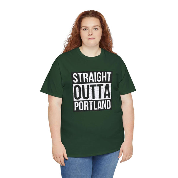 Model wearing green 'Straight Outta Portland' athletic tee showcasing local pride and streetwear style.