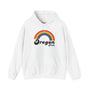 White hoodie featuring a vibrant rainbow graphic and 'Oregon Pride' text, celebrating inclusivity and love.
