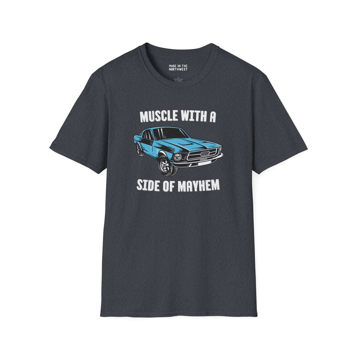 Muscle Car with a Side of Mayhem Softstyle T-Shirt featuring a 1967 Ford Mustang GT Fastback graphic design.