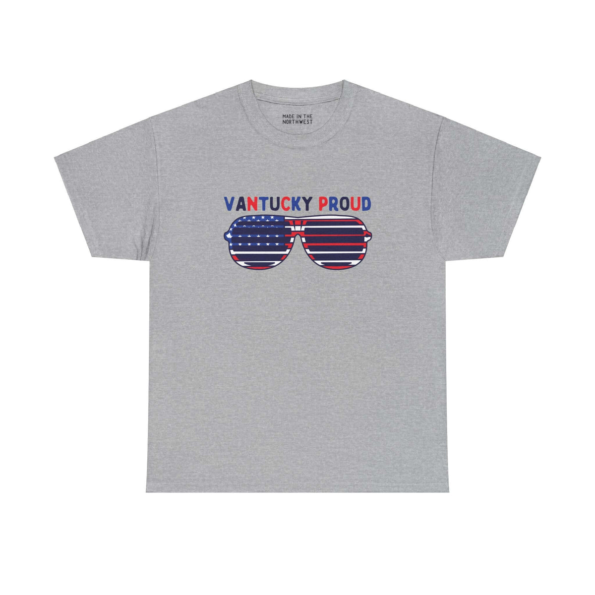 "Shades of Vantucky Proud Athletic Tee with Americana sunglasses design on gray fabric"