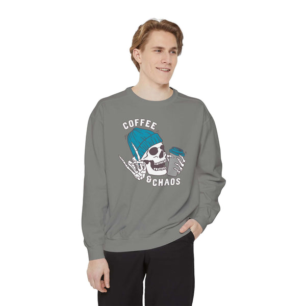 Coffee and Chaos Sweatshirt – Caffeinated Skeleton Crewneck worn by a model in gray.