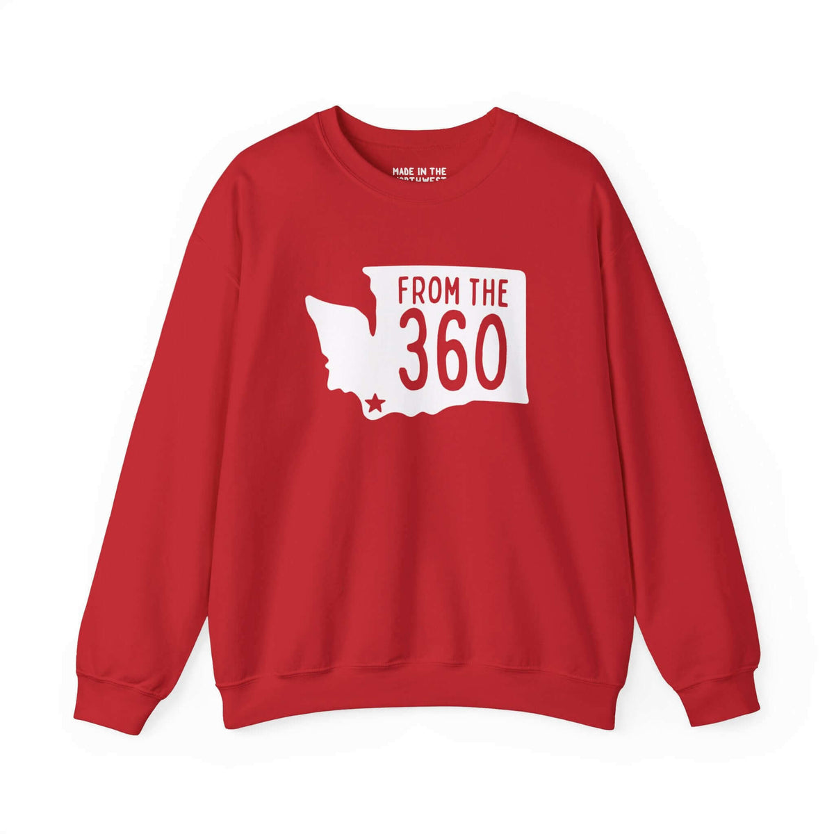 Red "From the 360" sweatshirt with Washington state silhouette and Vancouver star, showcasing local pride and area code style.