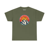 Olive green athletic tee featuring the design 'Home is Where the Mountains Are' with mountains and sun logo.