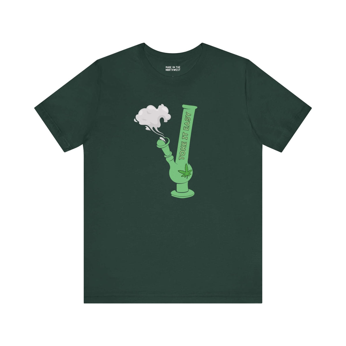 Green tee featuring a bong graphic with marijuana leaf and smoke, "Toke It Easy" design celebrating PNW cannabis culture.