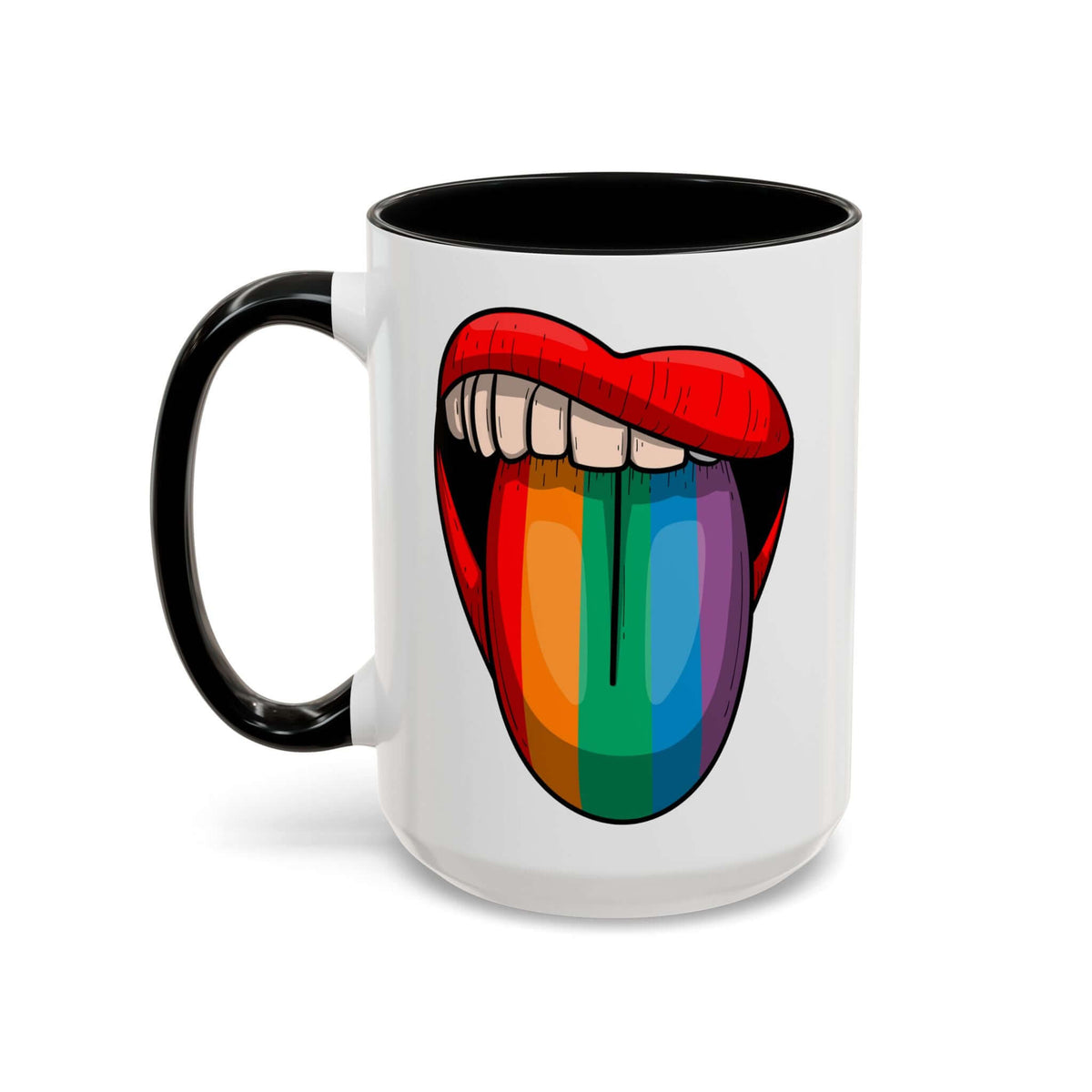 Rainbow Tongue Mug featuring a vibrant rainbow tongue graphic on a white ceramic mug with black handle.