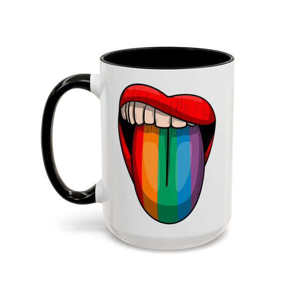 Rainbow Tongue Mug featuring a vibrant rainbow tongue graphic on a white ceramic mug with black handle.