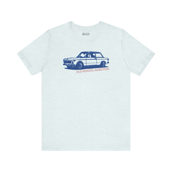 Old School Injection tee featuring 1970s BMW 2002 Tii design, perfect for car lovers and enthusiasts.