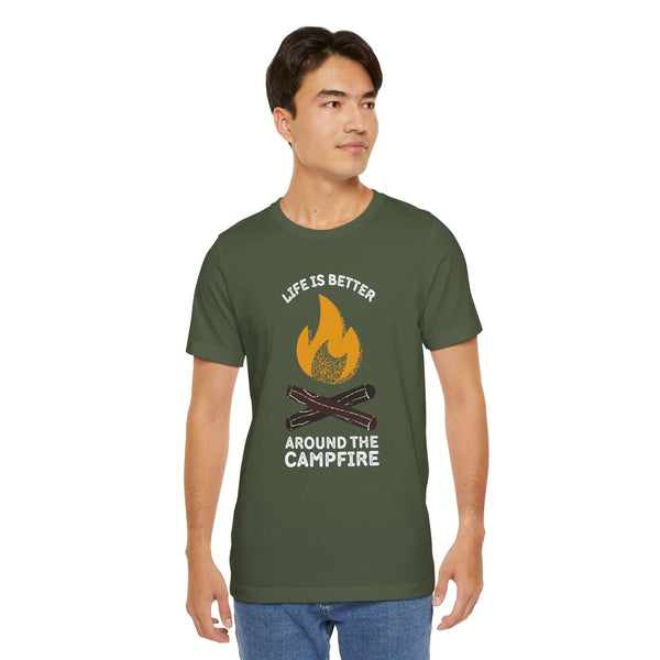 Man wearing Cozy Campfire Chronicles tee with campfire graphic, perfect for outdoor lovers and camping enthusiasts.