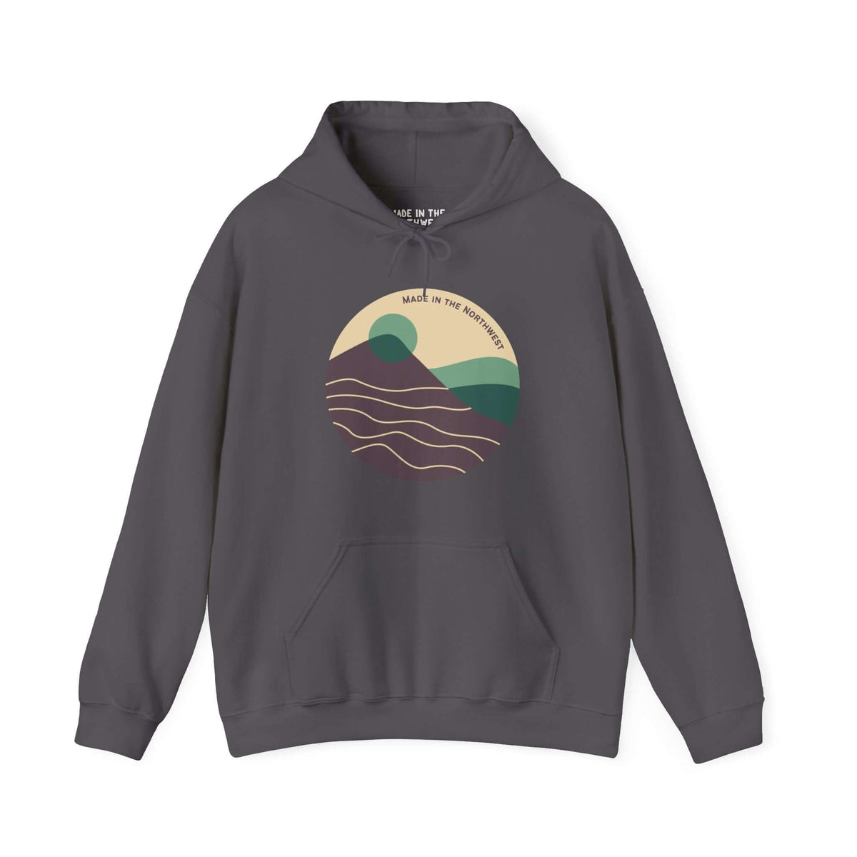 Pacific Peaks Modern Circle Hoodie with mountain scene in muted colors on dark fabric, inspired by the Pacific Northwest.