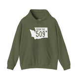 From the 509 Spokane cozy hoodie in olive green featuring Washington state silhouette and bold text.