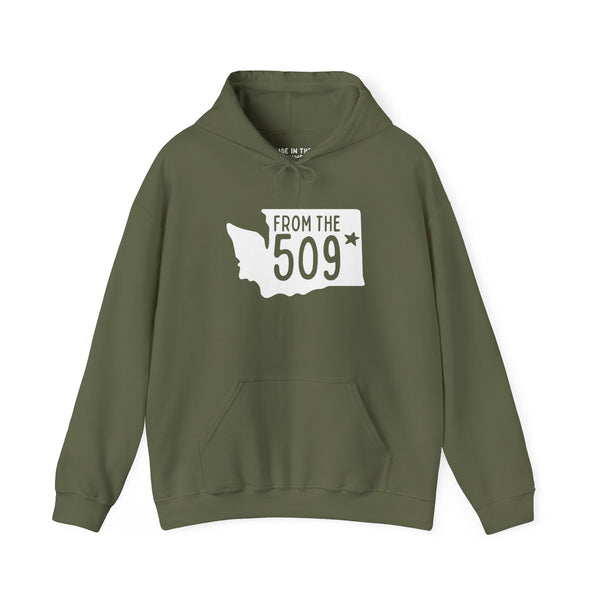 From the 509 Spokane cozy hoodie in olive green featuring Washington state silhouette and bold text.