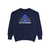 Save the Manuals Sweatshirt featuring an embroidered stick-shift graphic on a navy background.