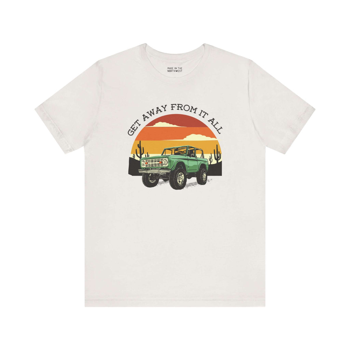 Get Away From It All vintage Bronco premium soft tee with retro sunset design, perfect for adventure lovers.