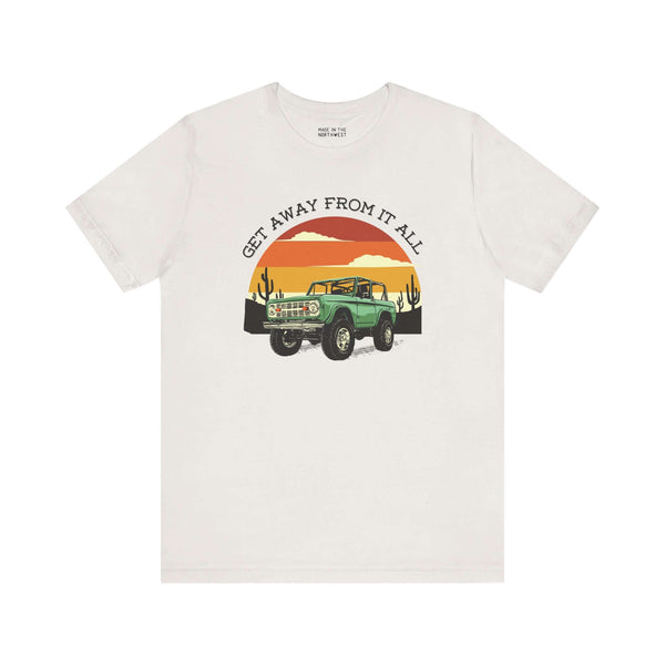 Get Away From It All vintage Bronco premium soft tee with retro sunset design, perfect for adventure lovers.