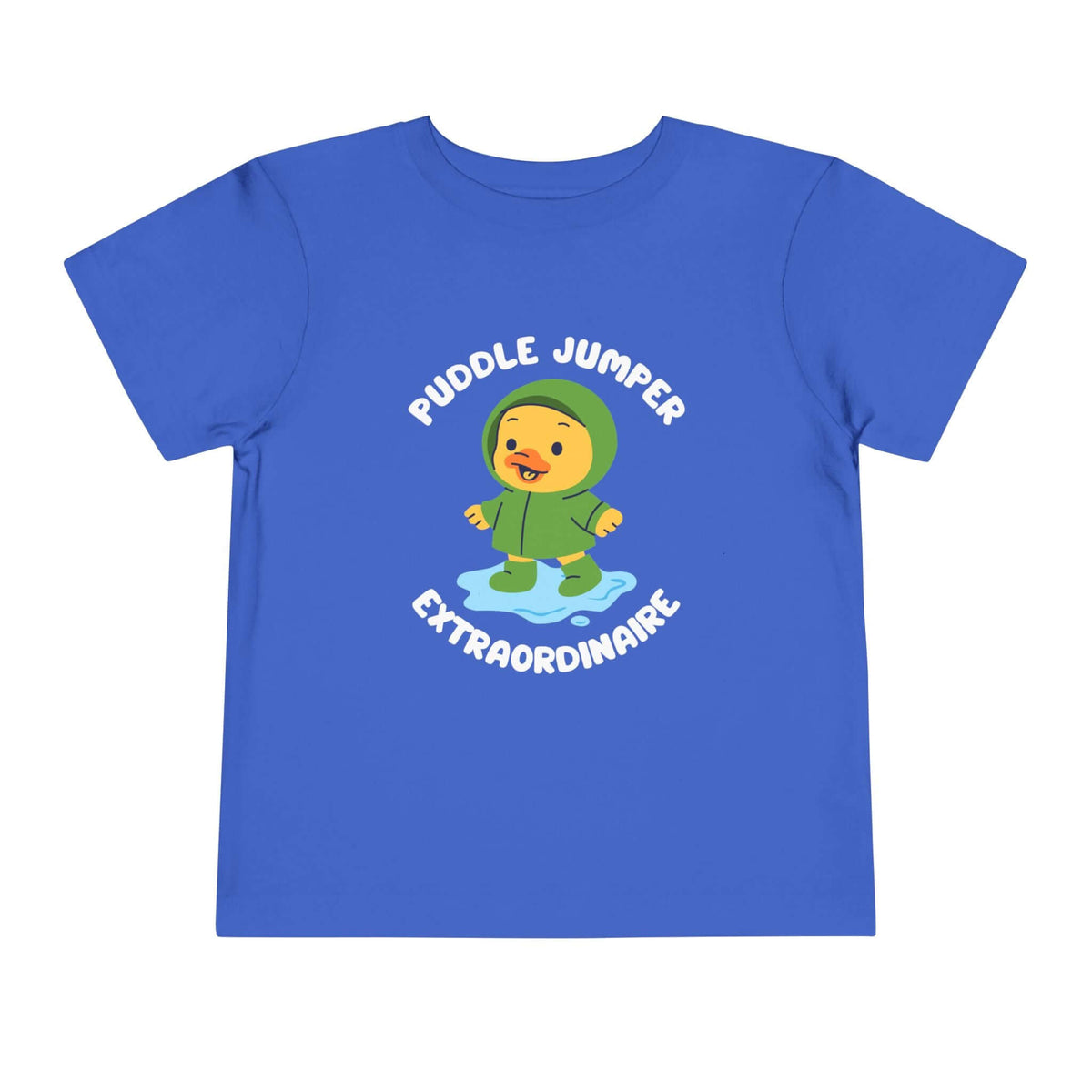 Puddle Jumper Extraordinaire Toddler Tee featuring a cheerful duck in a green raincoat on a blue background.