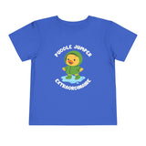 Puddle Jumper Extraordinaire Toddler Tee featuring a cheerful duck in a green raincoat on a blue background.