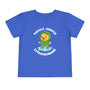 Puddle Jumper Extraordinaire Toddler Tee featuring a cheerful duck in a green raincoat on a blue background.